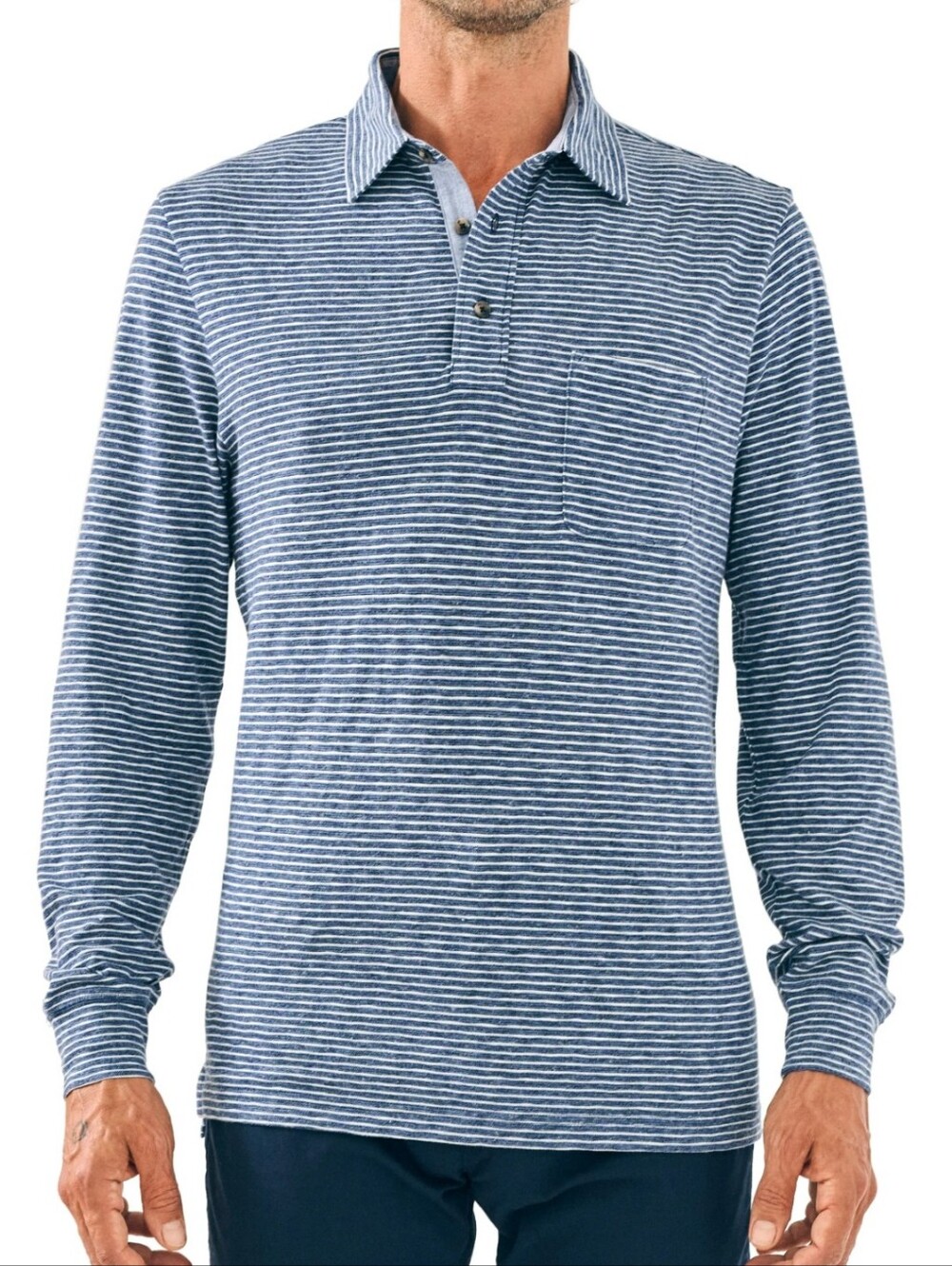 Faherty Long Sleeve Polo Cotton Blend Knit Pocket Spread Collar Blue White M